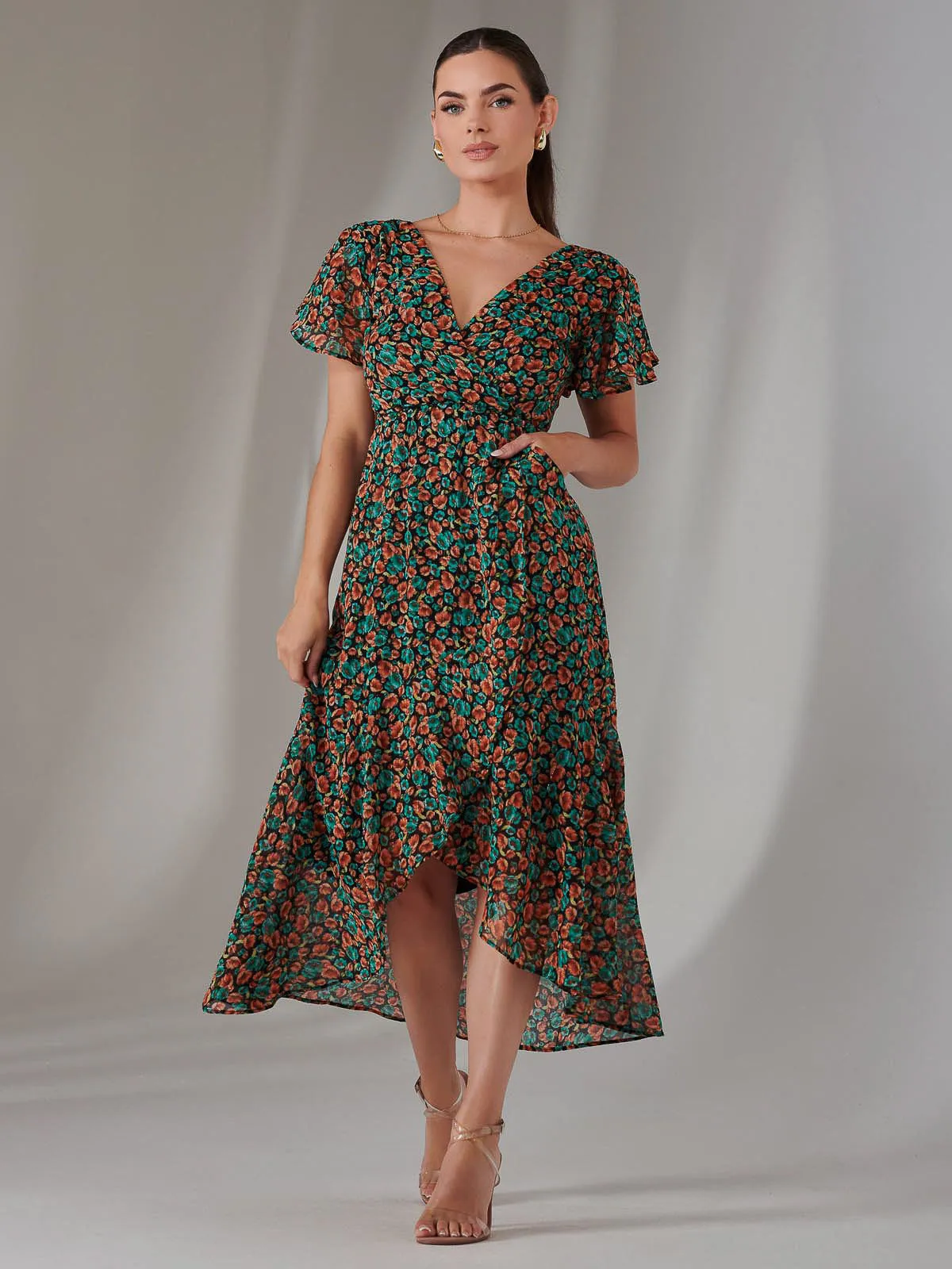 Petite High Low Midaxi Dress, Black Multi