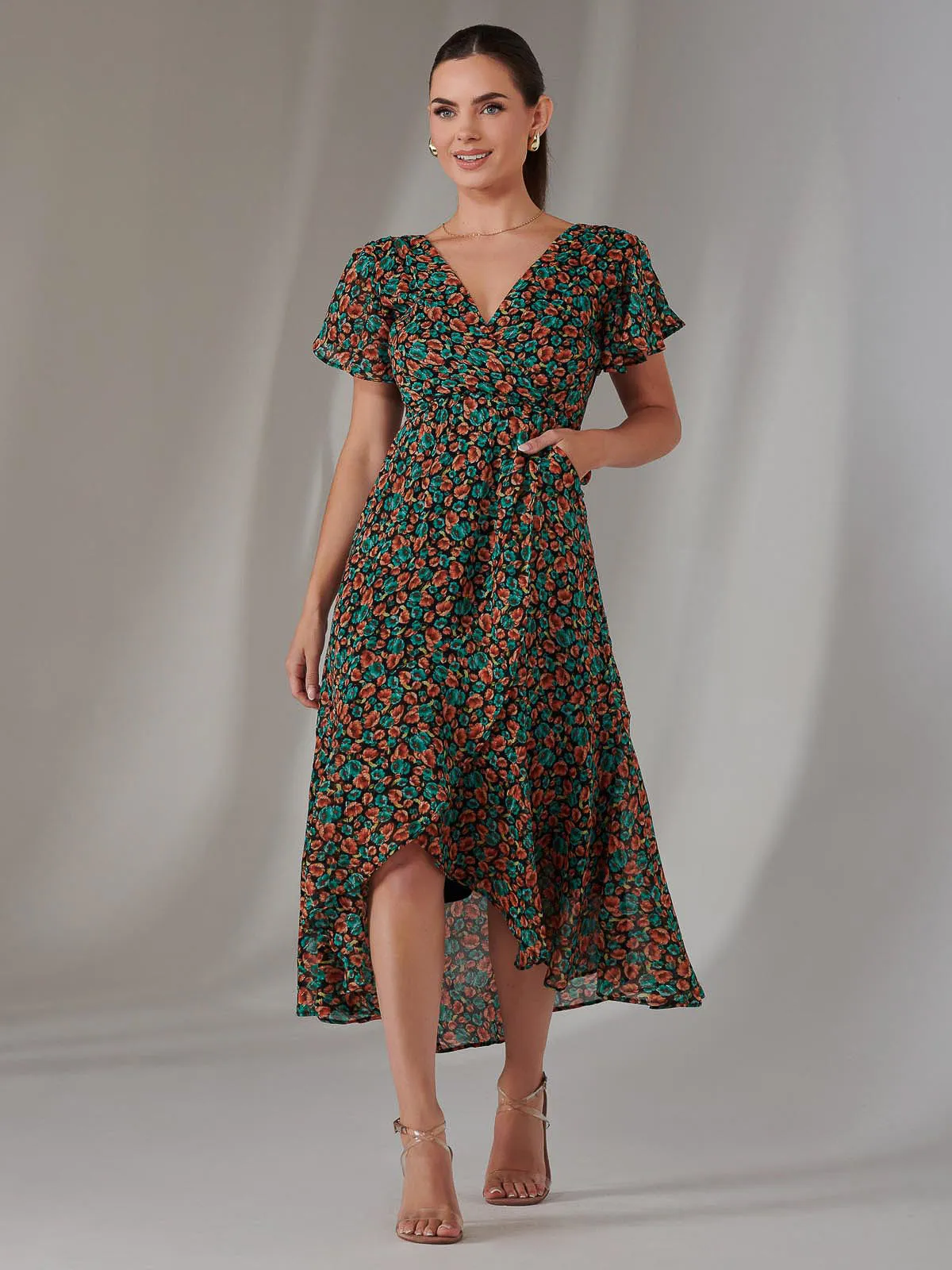 Petite High Low Midaxi Dress, Black Multi