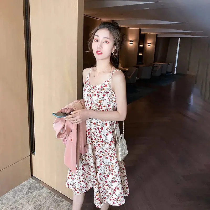 Petite Slim Look Floral Cami Dress Women Summer Ice Silk A-Line Korean Dress