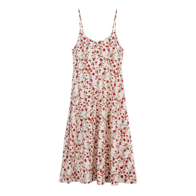 Petite Slim Look Floral Cami Dress Women Summer Ice Silk A-Line Korean Dress