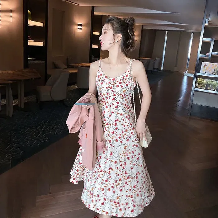 Petite Slim Look Floral Cami Dress Women Summer Ice Silk A-Line Korean Dress