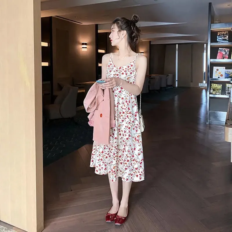 Petite Slim Look Floral Cami Dress Women Summer Ice Silk A-Line Korean Dress