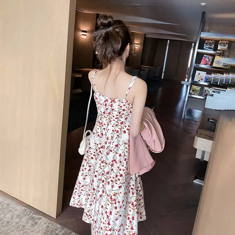 Petite Slim Look Floral Cami Dress Women Summer Ice Silk A-Line Korean Dress