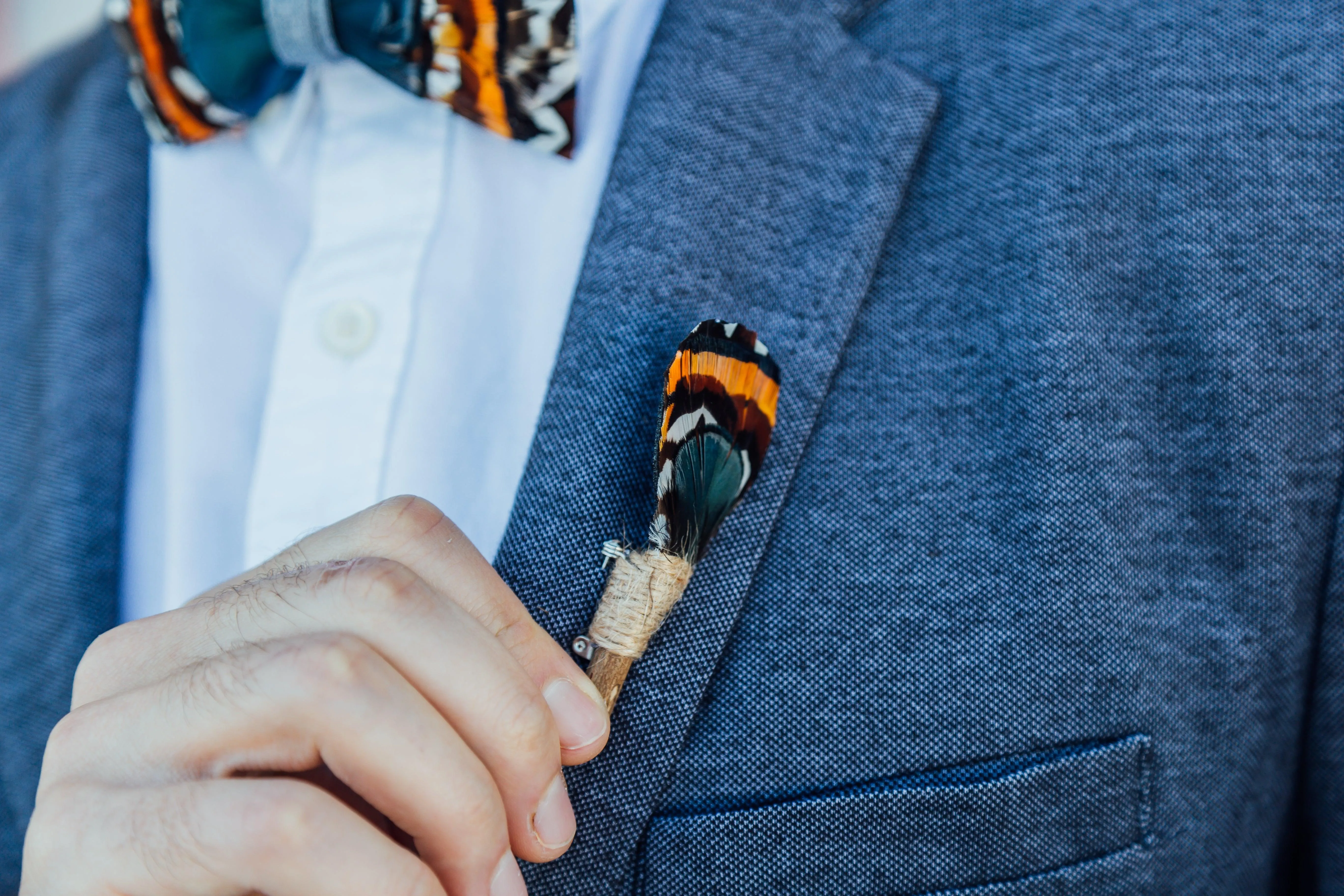 Philadelphia Feather Bow Tie & Lapel Pin Set - Handmade Wedding Accessory for Groom