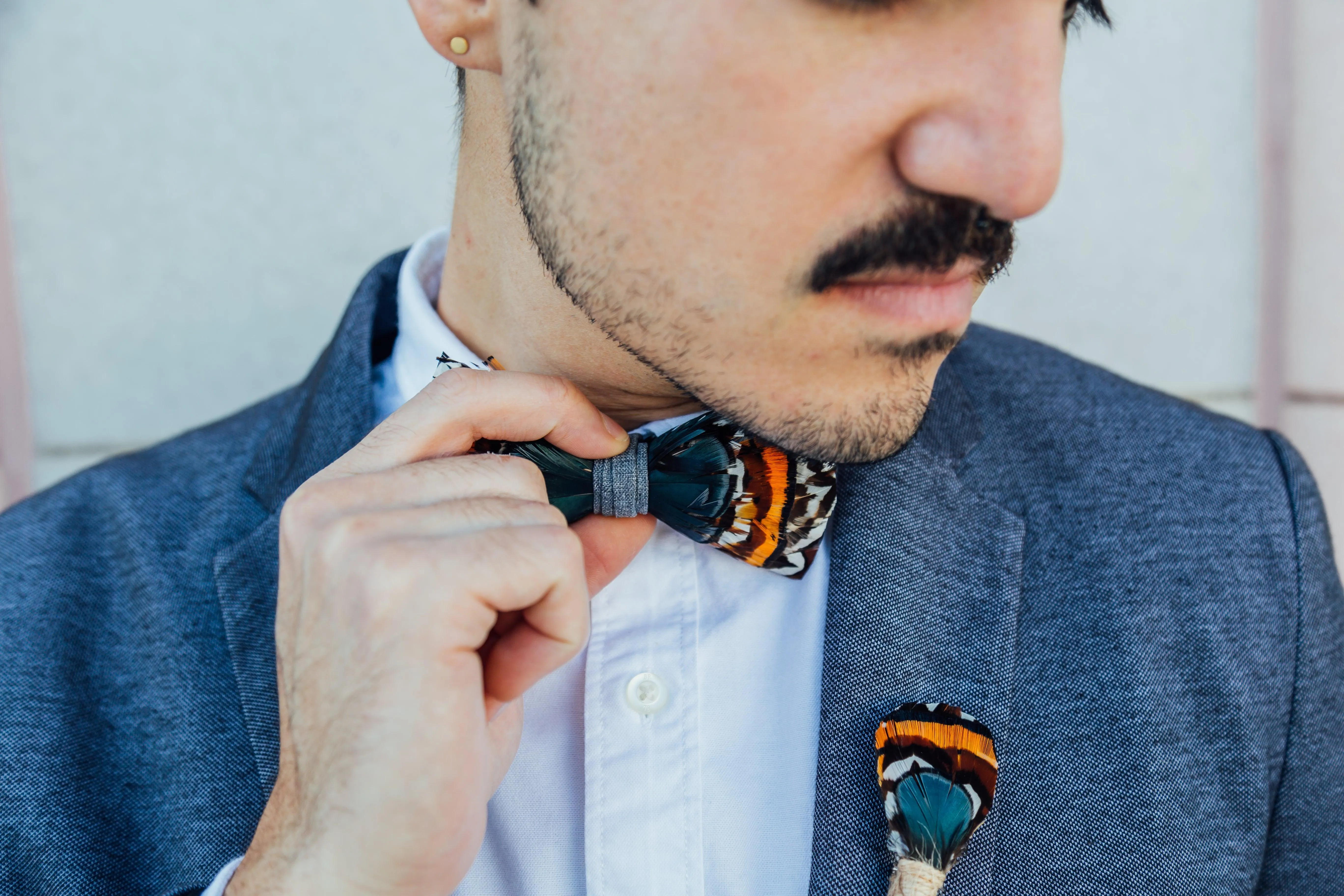 Philadelphia Feather Bow Tie & Lapel Pin Set - Handmade Wedding Accessory for Groom