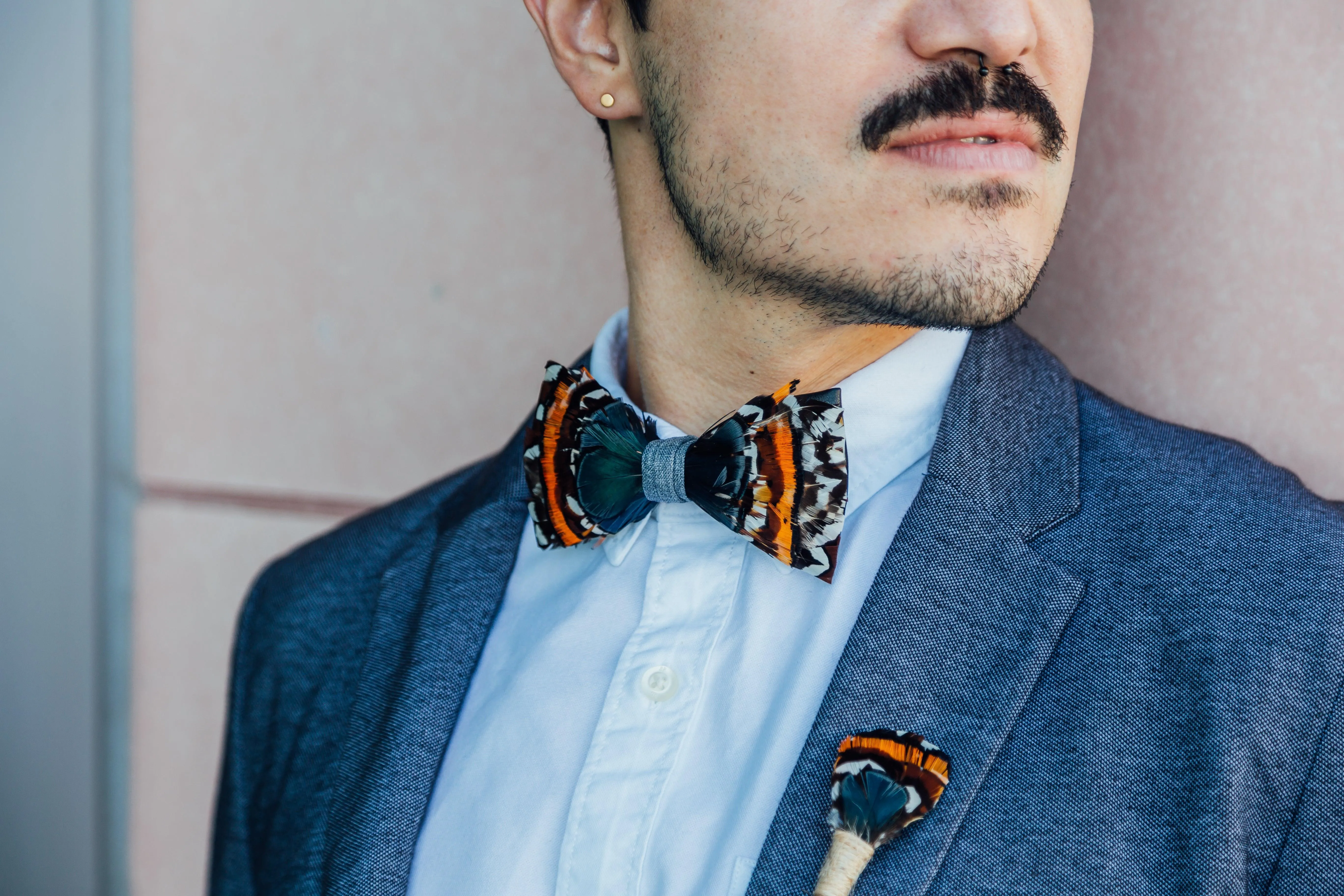 Philadelphia Feather Bow Tie & Lapel Pin Set - Handmade Wedding Accessory for Groom