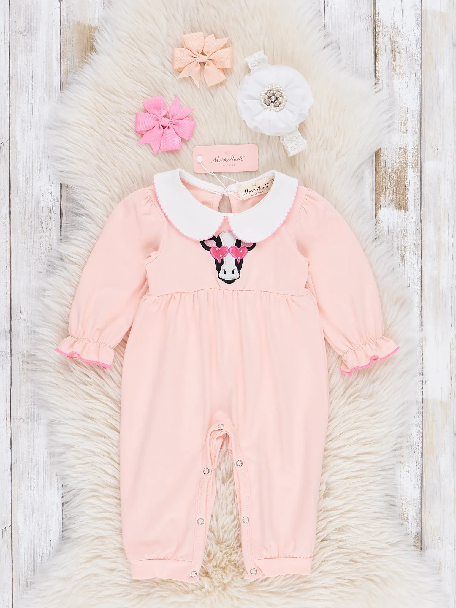 Pink Embroidered Sweetheart Cow Romper
