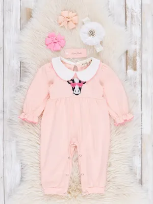 Pink Embroidered Sweetheart Cow Romper