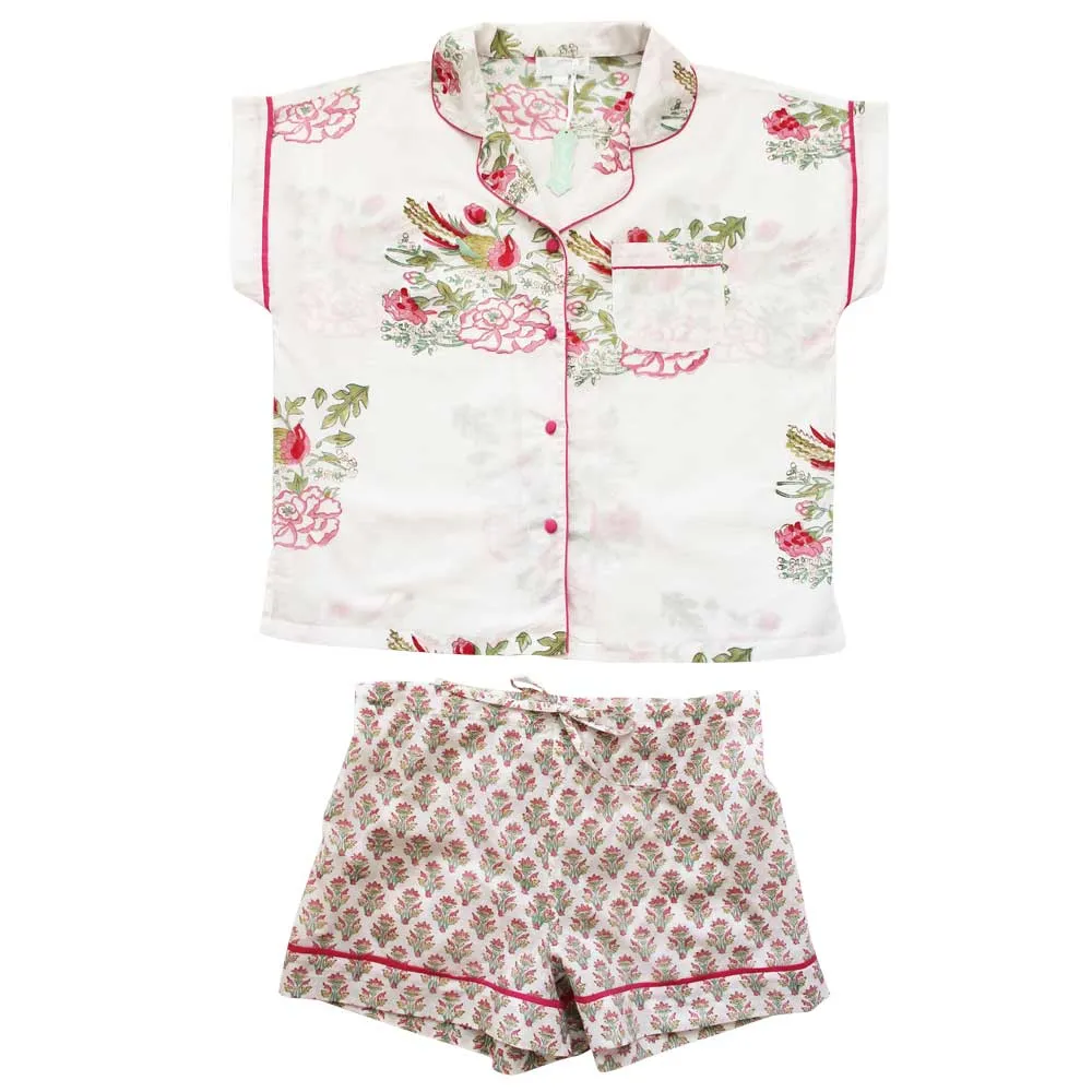 Pink Green Floral Block Print Short Pajamas - Powell Craft