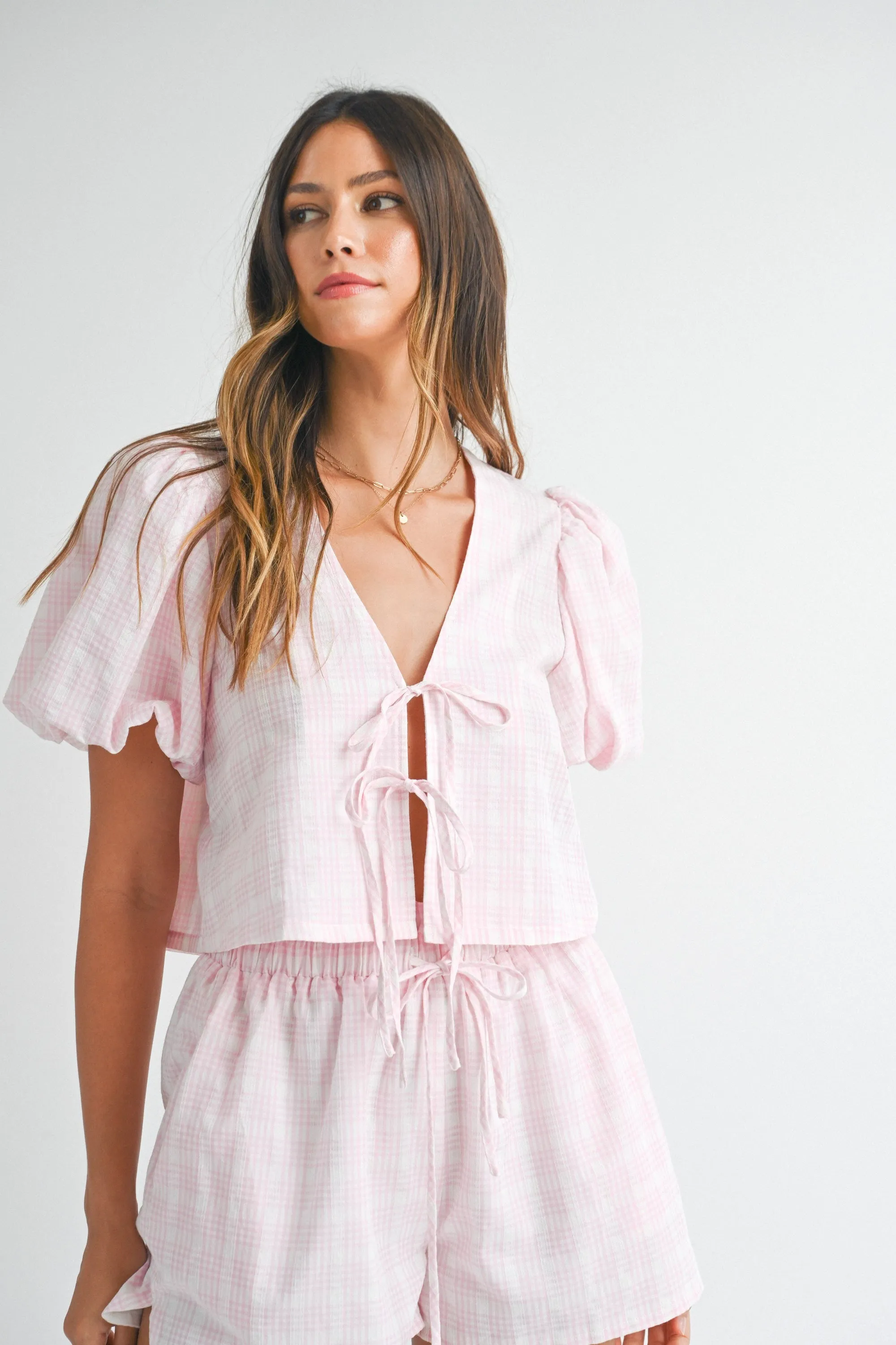 pink plaid short set