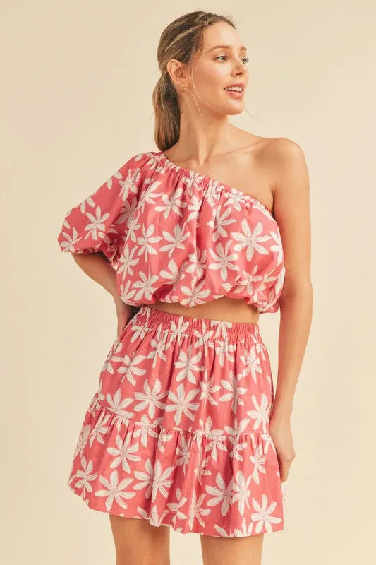 Pink Plumeria Floral One Shoulder Top And Skirt Set