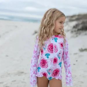 Pink Rose Zip Rash Guard One Piece Swimsuit