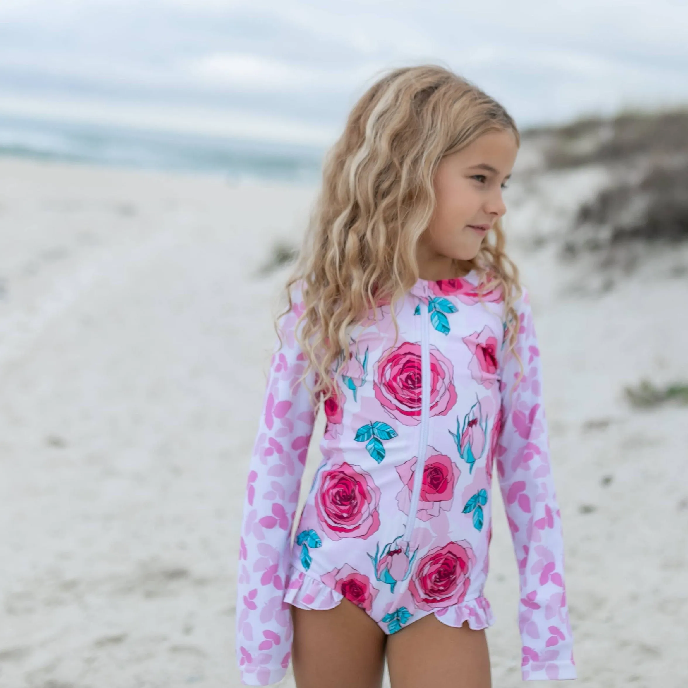Pink Rose Zip Rash Guard One Piece Swimsuit