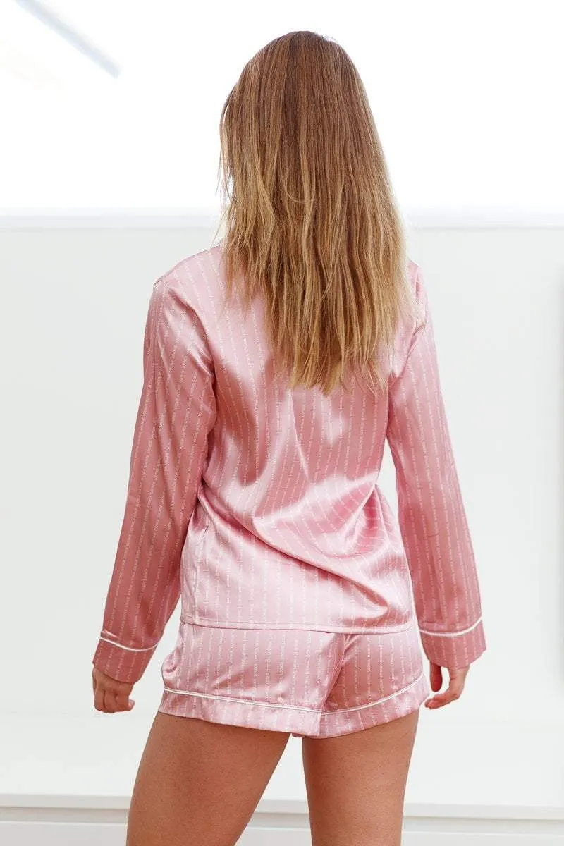 Pink Satin Logo Pinstripe Pajama Shorts Set