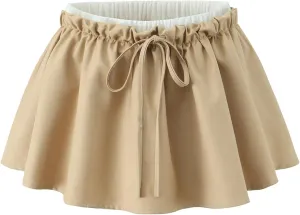 Pleated Mini Skirts for Women Teen Girls Elastic Waist Casual Uniform A Line Mini Skorts Skirts with Shorts Pockets