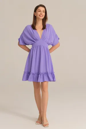 Plunging V-Neck Short Batwing Sleeve Flared A-Line Dress - Purple