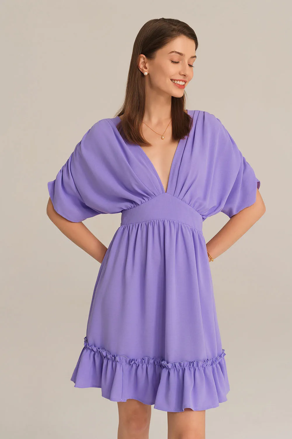 Plunging V-Neck Short Batwing Sleeve Flared A-Line Dress - Purple