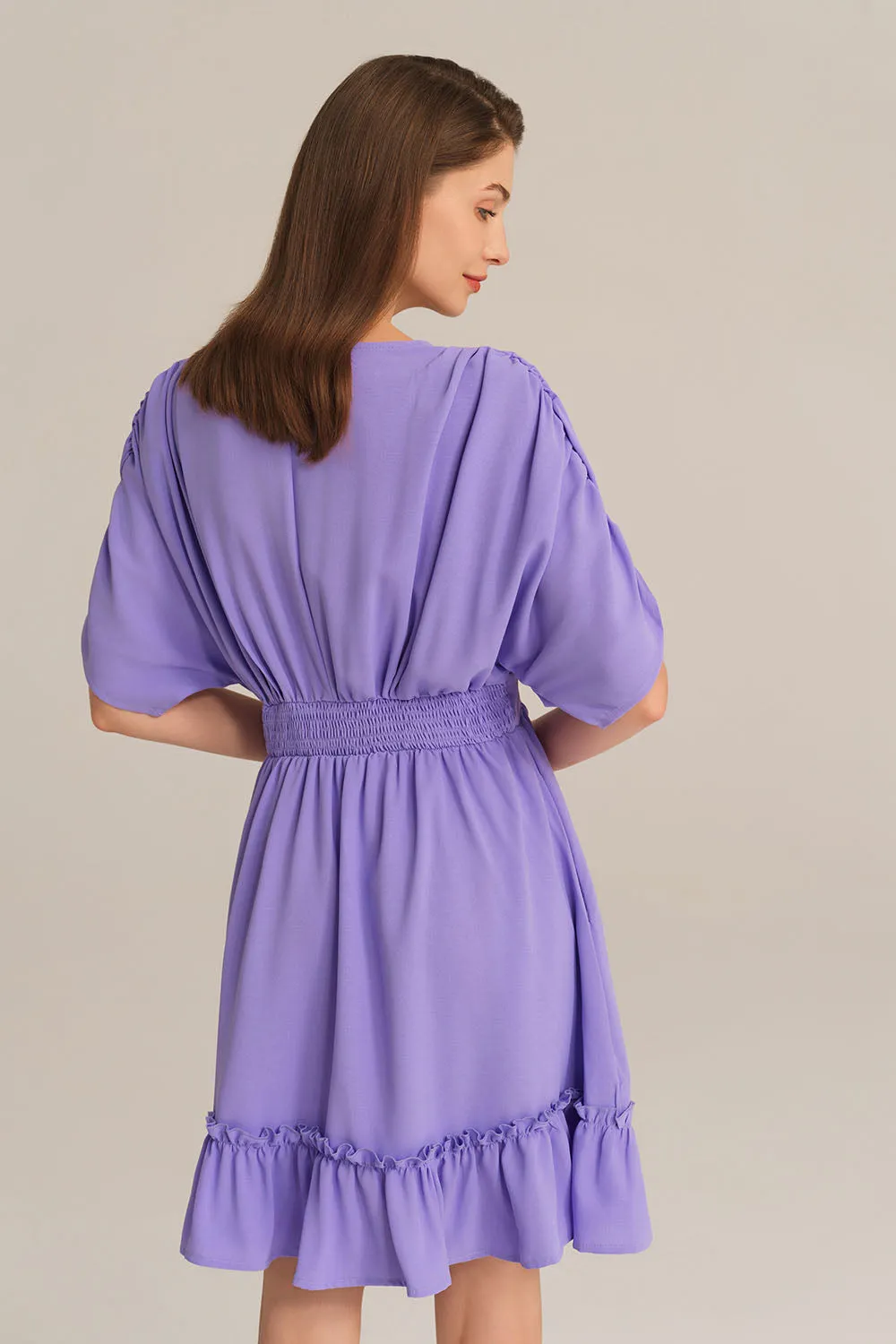 Plunging V-Neck Short Batwing Sleeve Flared A-Line Dress - Purple