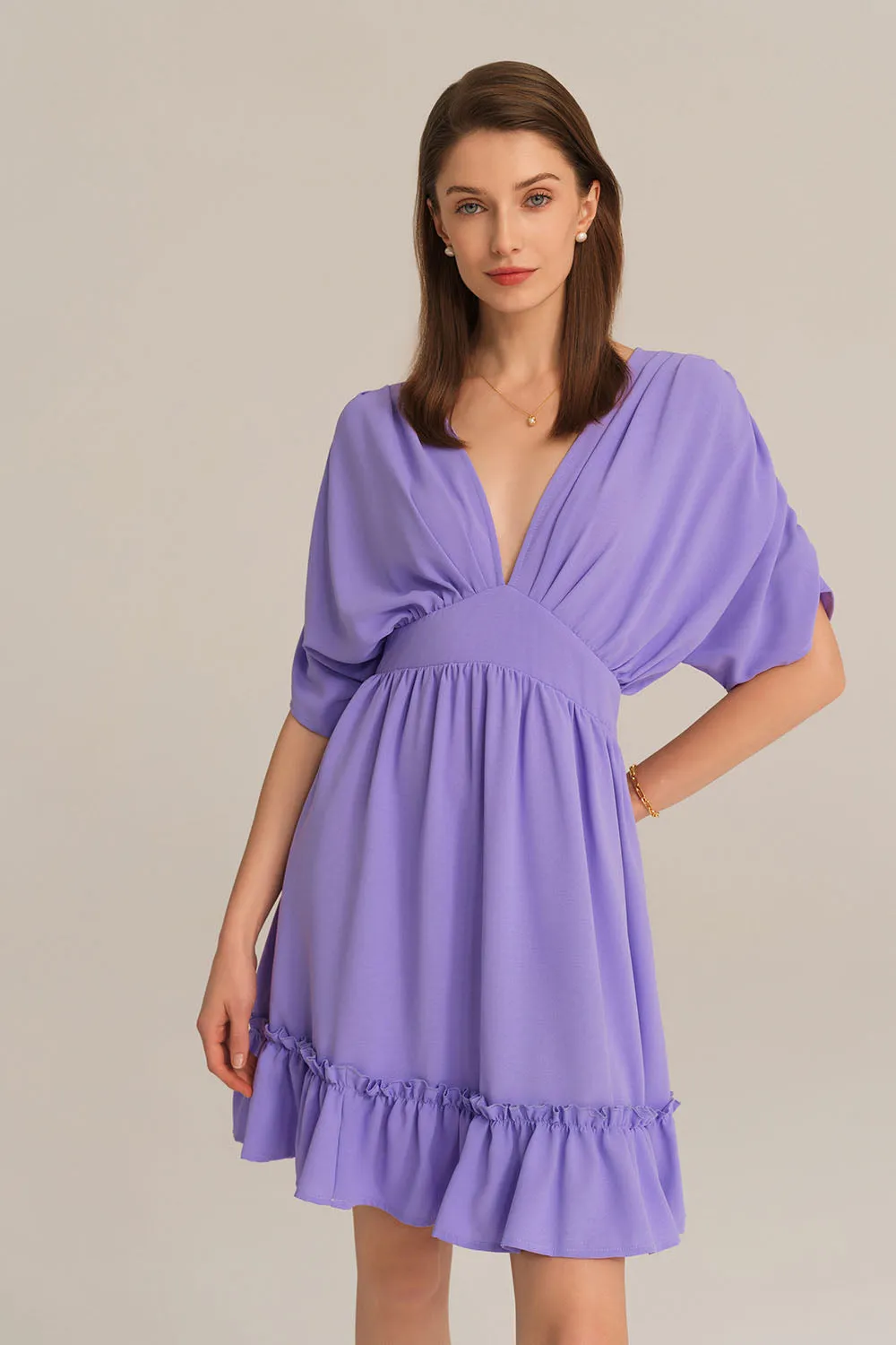 Plunging V-Neck Short Batwing Sleeve Flared A-Line Dress - Purple