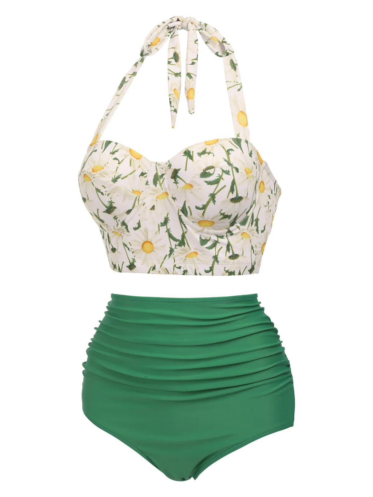 [Plus Size] 1950s Floral Halter Lace-up Bikini Set