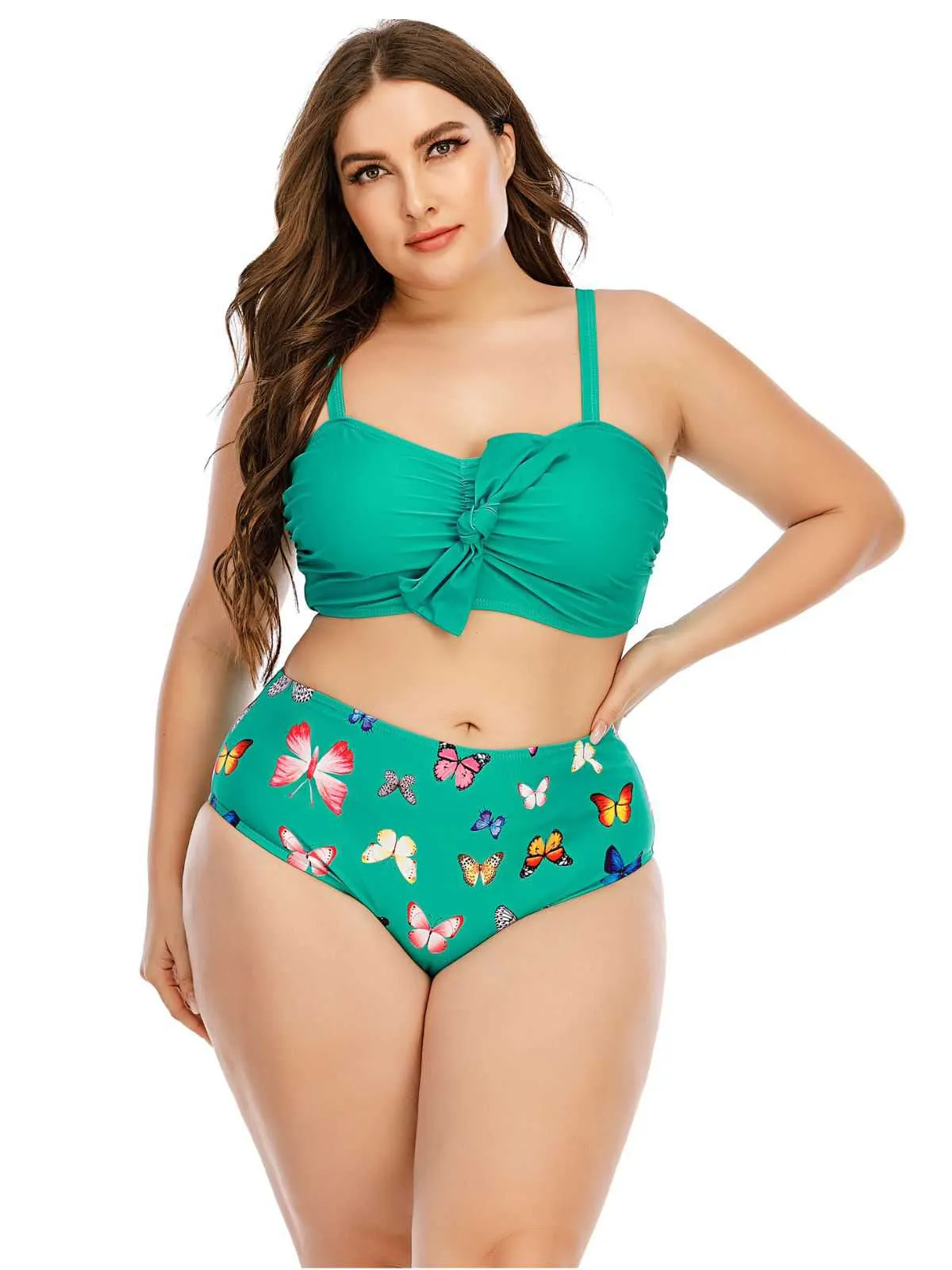 [Plus Size] 1960s Butterflies Bow Decor Swimsuit
