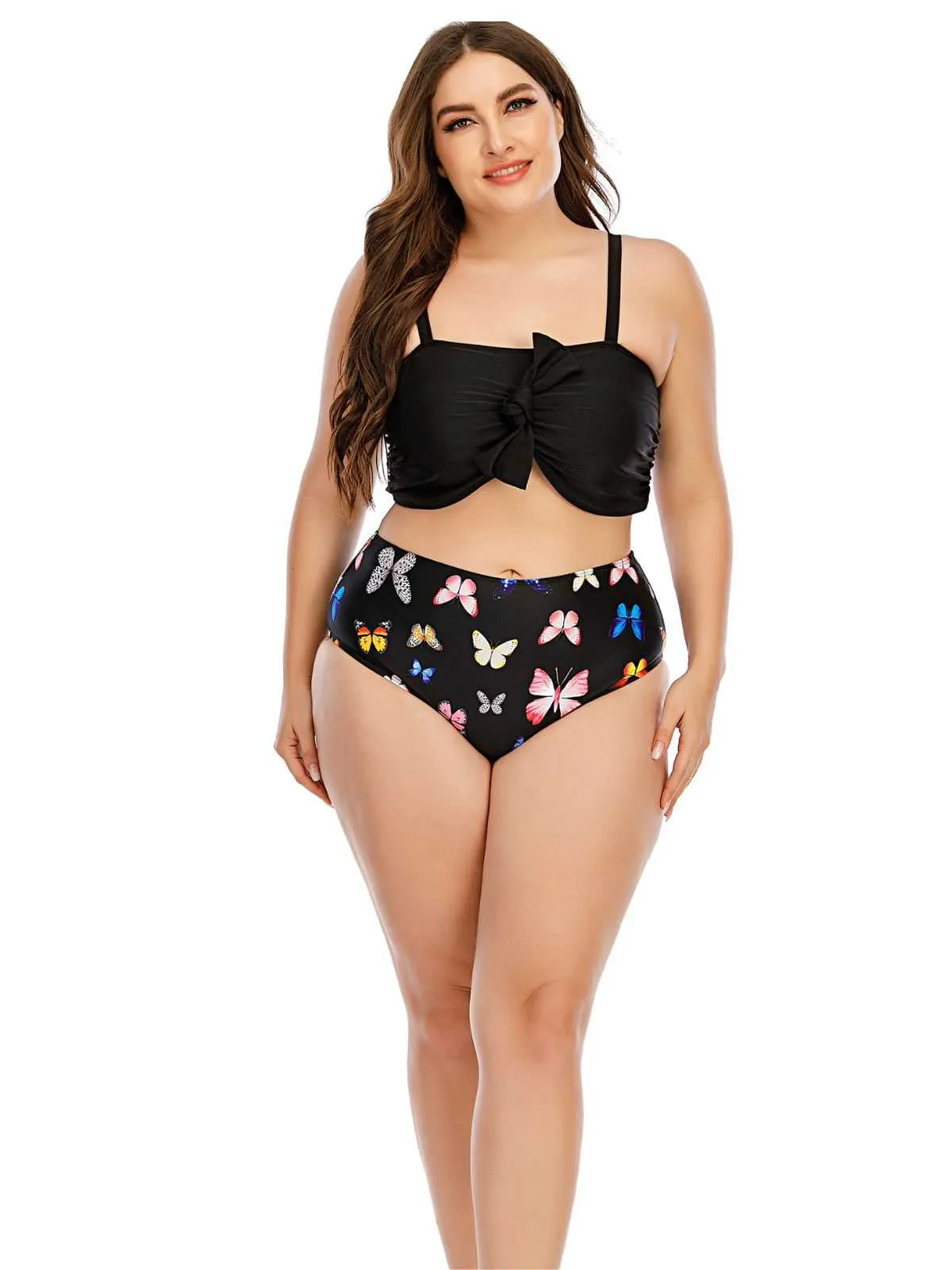 [Plus Size] 1960s Butterflies Bow Decor Swimsuit