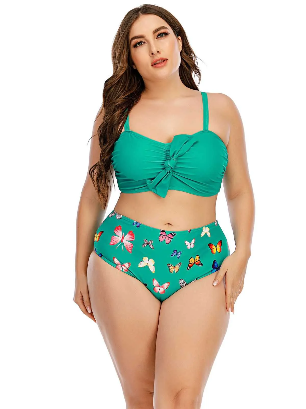 [Plus Size] 1960s Butterflies Bow Decor Swimsuit