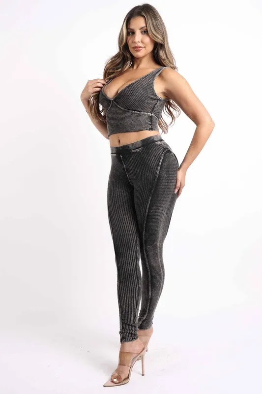 Plus Size Mineral Washed Crop Top And Leggings Set