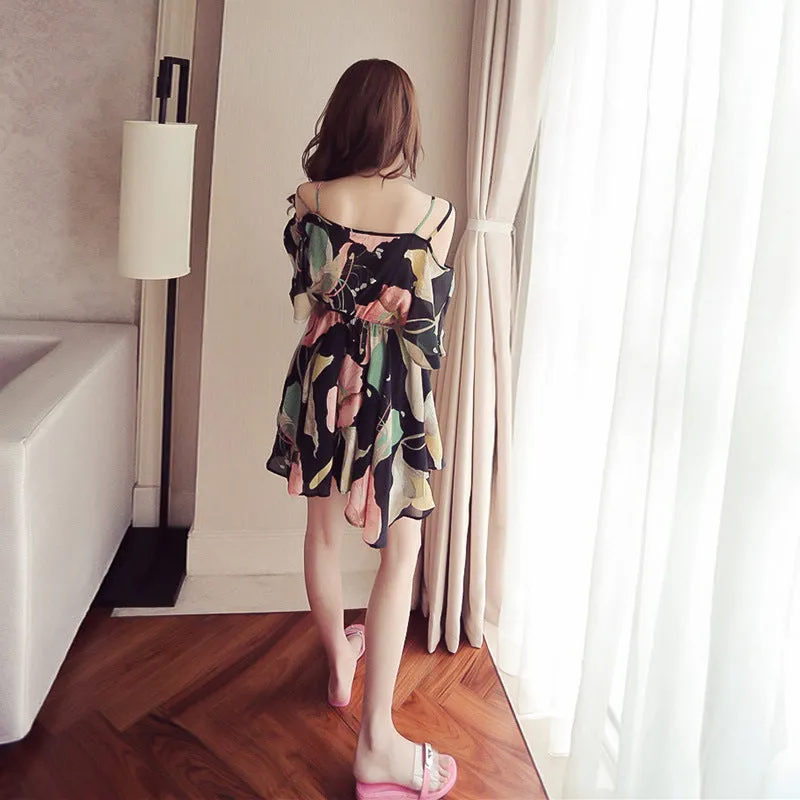 Plus Size  Summer Korean V-Neck Printed High Waist Slim Look Mid-Length Chiffon Dress Women Dress