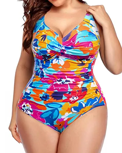 Plus Size Twist Front Ruched One Piece Swimsuits Women's Tummy Control Bathing Suits