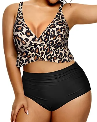 Plus Size Two Piece Swimsuits High Waisted Bikini Set-Black And Leopard