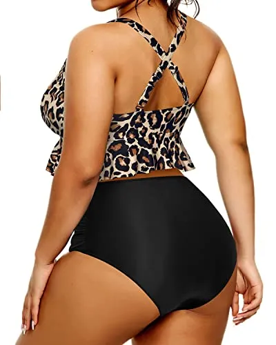 Plus Size Two Piece Swimsuits High Waisted Bikini Set-Black And Leopard