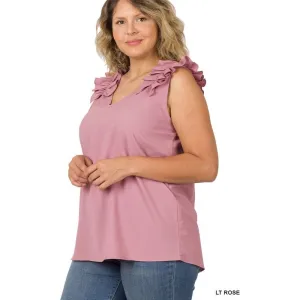 PLUS WOVEN WOOL DOBBY RUFFLE TRIM SLEEVELESS TOP