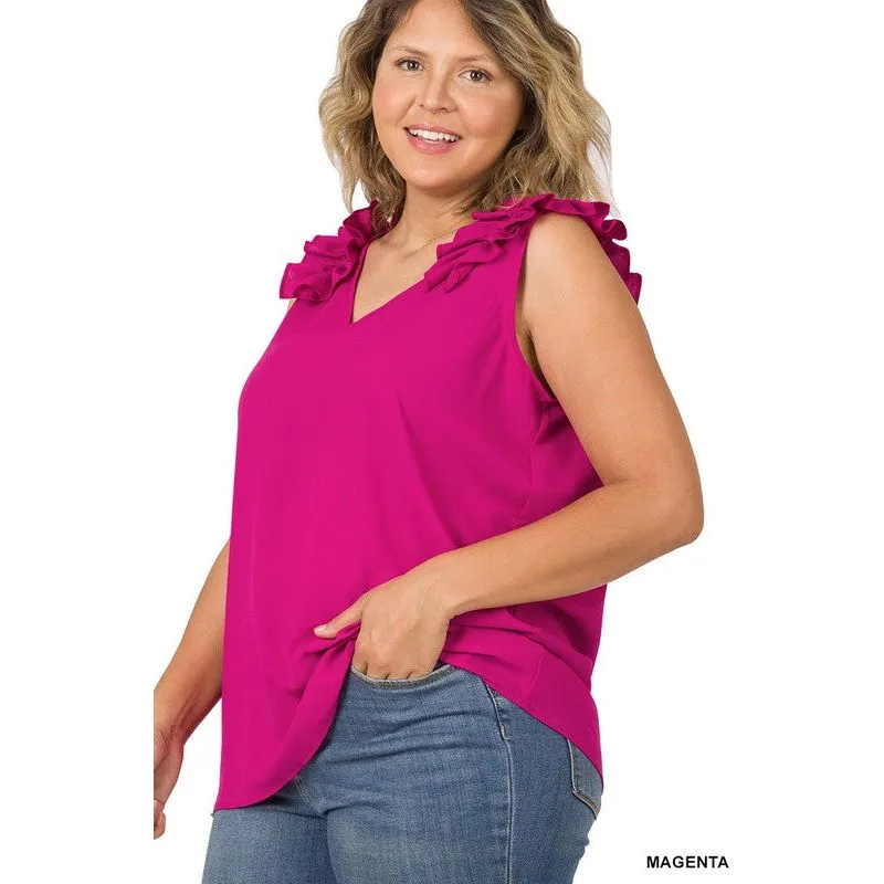 PLUS WOVEN WOOL DOBBY RUFFLE TRIM SLEEVELESS TOP