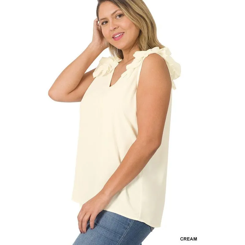 PLUS WOVEN WOOL DOBBY RUFFLE TRIM SLEEVELESS TOP