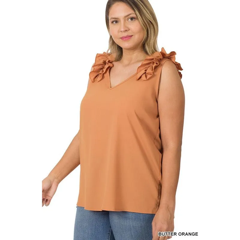 PLUS WOVEN WOOL DOBBY RUFFLE TRIM SLEEVELESS TOP