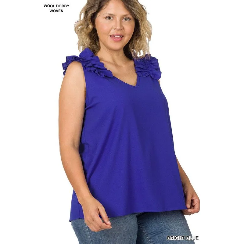 PLUS WOVEN WOOL DOBBY RUFFLE TRIM SLEEVELESS TOP