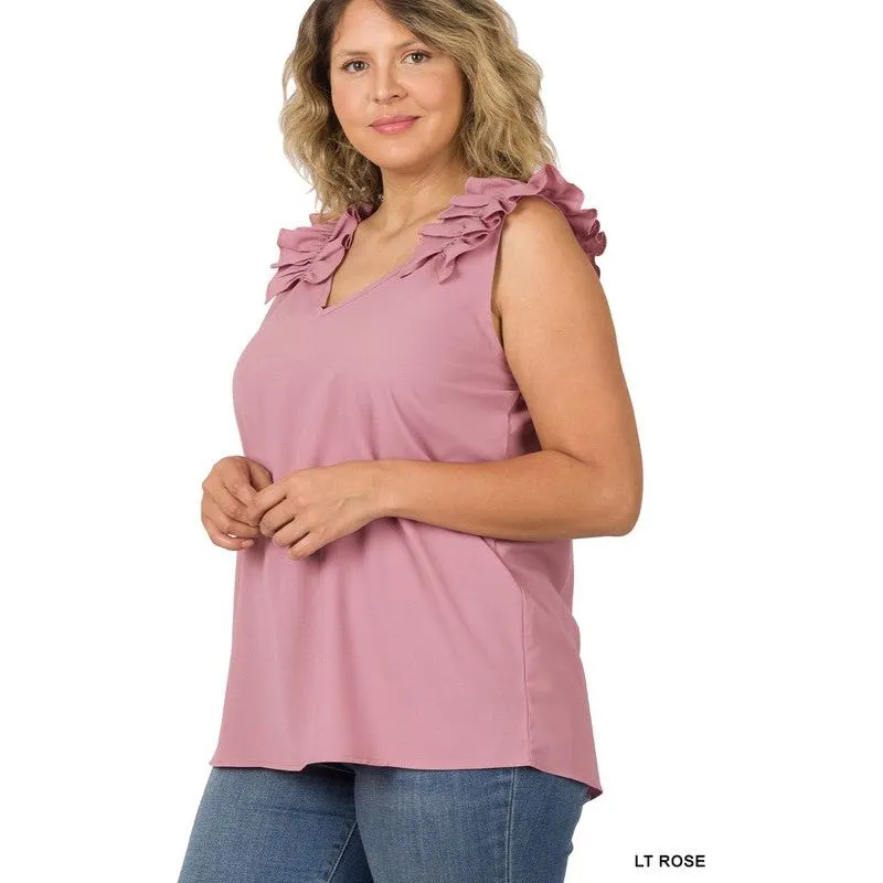 PLUS WOVEN WOOL DOBBY RUFFLE TRIM SLEEVELESS TOP