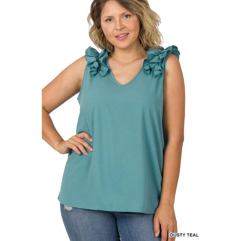 PLUS WOVEN WOOL DOBBY RUFFLE TRIM SLEEVELESS TOP