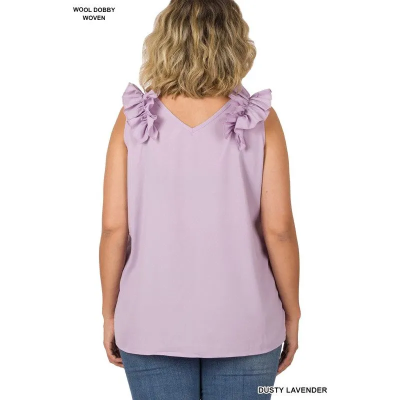 PLUS WOVEN WOOL DOBBY RUFFLE TRIM SLEEVELESS TOP
