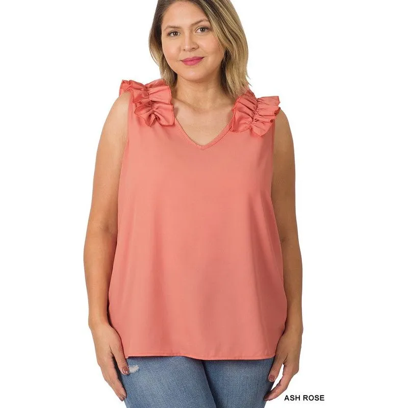 PLUS WOVEN WOOL DOBBY RUFFLE TRIM SLEEVELESS TOP