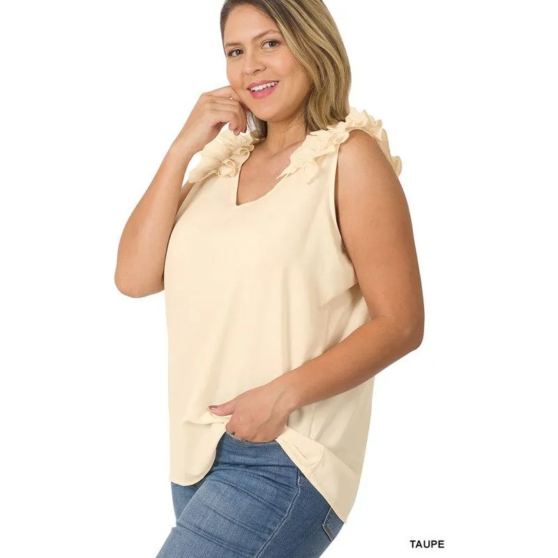 PLUS WOVEN WOOL DOBBY RUFFLE TRIM SLEEVELESS TOP