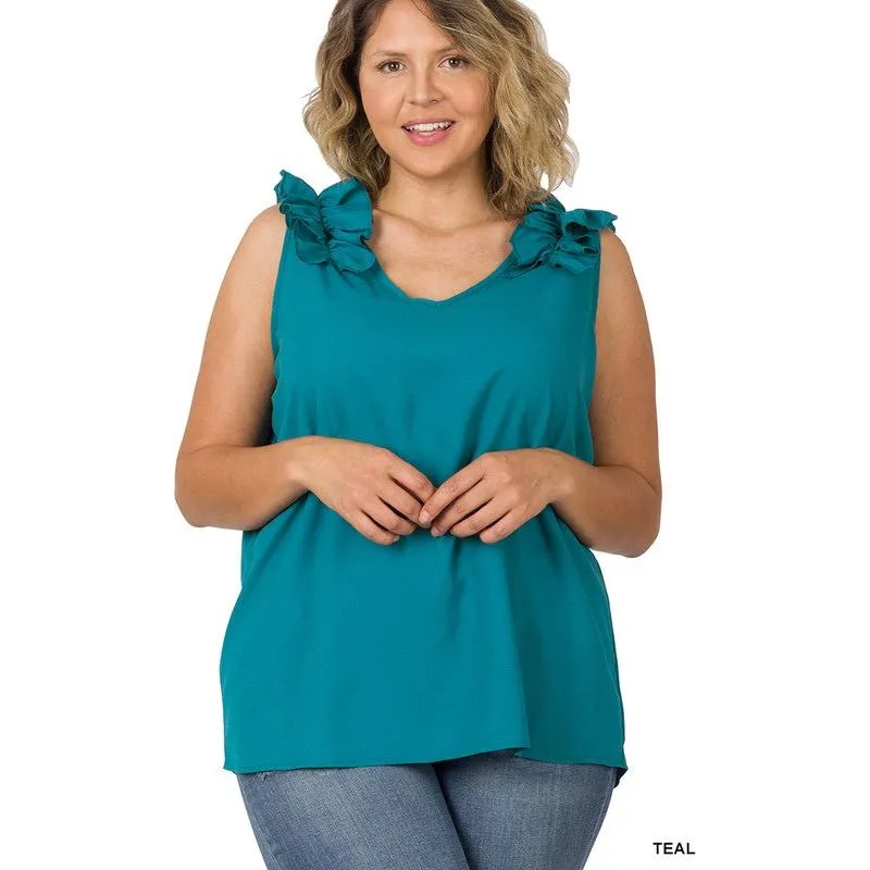 PLUS WOVEN WOOL DOBBY RUFFLE TRIM SLEEVELESS TOP