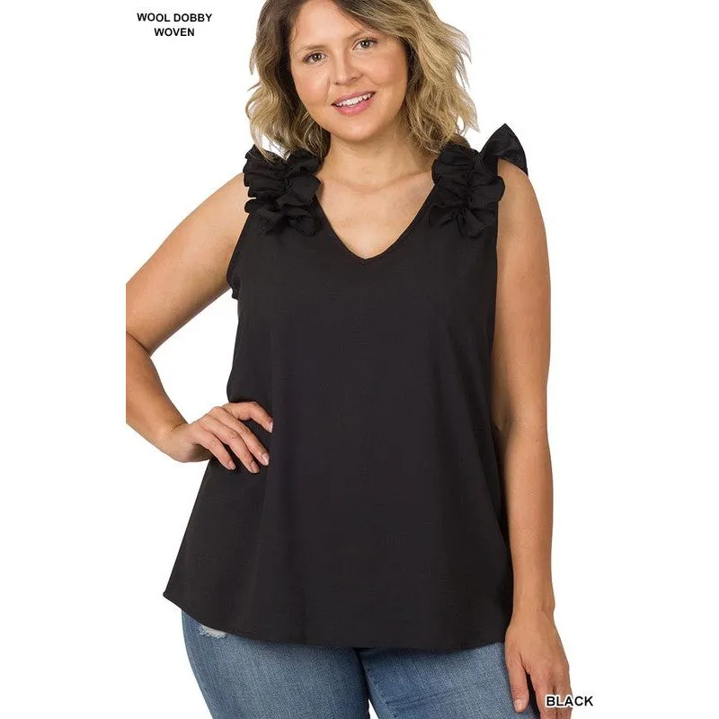 PLUS WOVEN WOOL DOBBY RUFFLE TRIM SLEEVELESS TOP