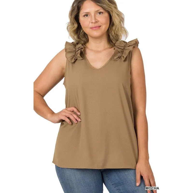 PLUS WOVEN WOOL DOBBY RUFFLE TRIM SLEEVELESS TOP