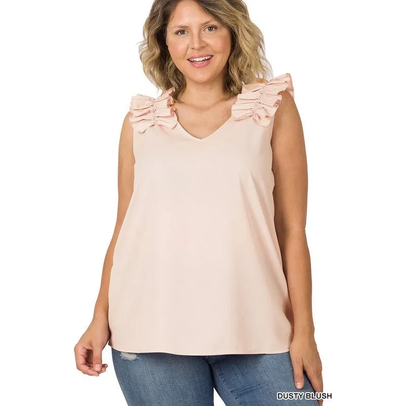 PLUS WOVEN WOOL DOBBY RUFFLE TRIM SLEEVELESS TOP