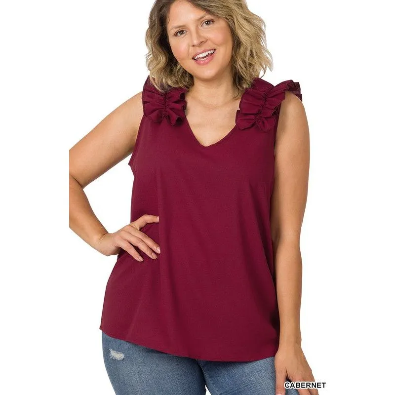 PLUS WOVEN WOOL DOBBY RUFFLE TRIM SLEEVELESS TOP