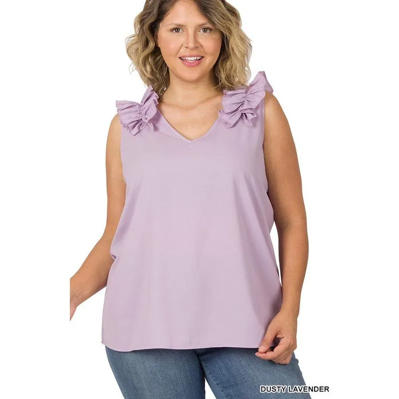 PLUS WOVEN WOOL DOBBY RUFFLE TRIM SLEEVELESS TOP