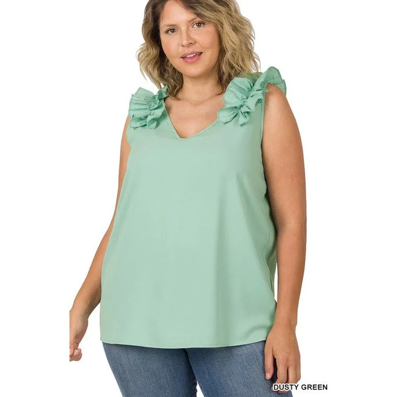 PLUS WOVEN WOOL DOBBY RUFFLE TRIM SLEEVELESS TOP