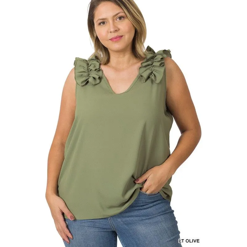 PLUS WOVEN WOOL DOBBY RUFFLE TRIM SLEEVELESS TOP